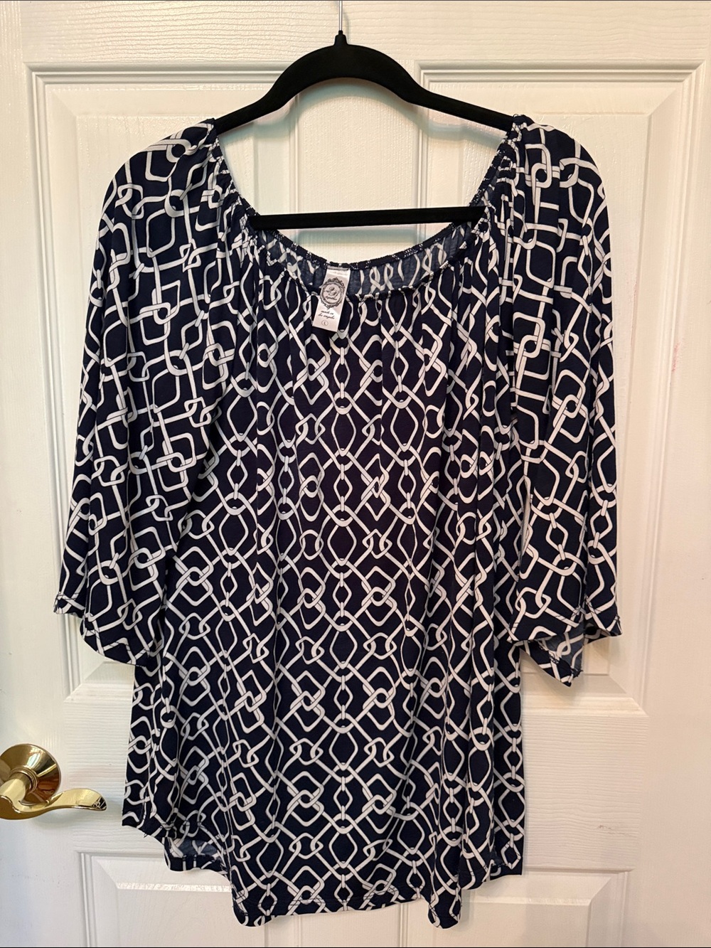 Navy and White Chain-Print Peasant Tunic